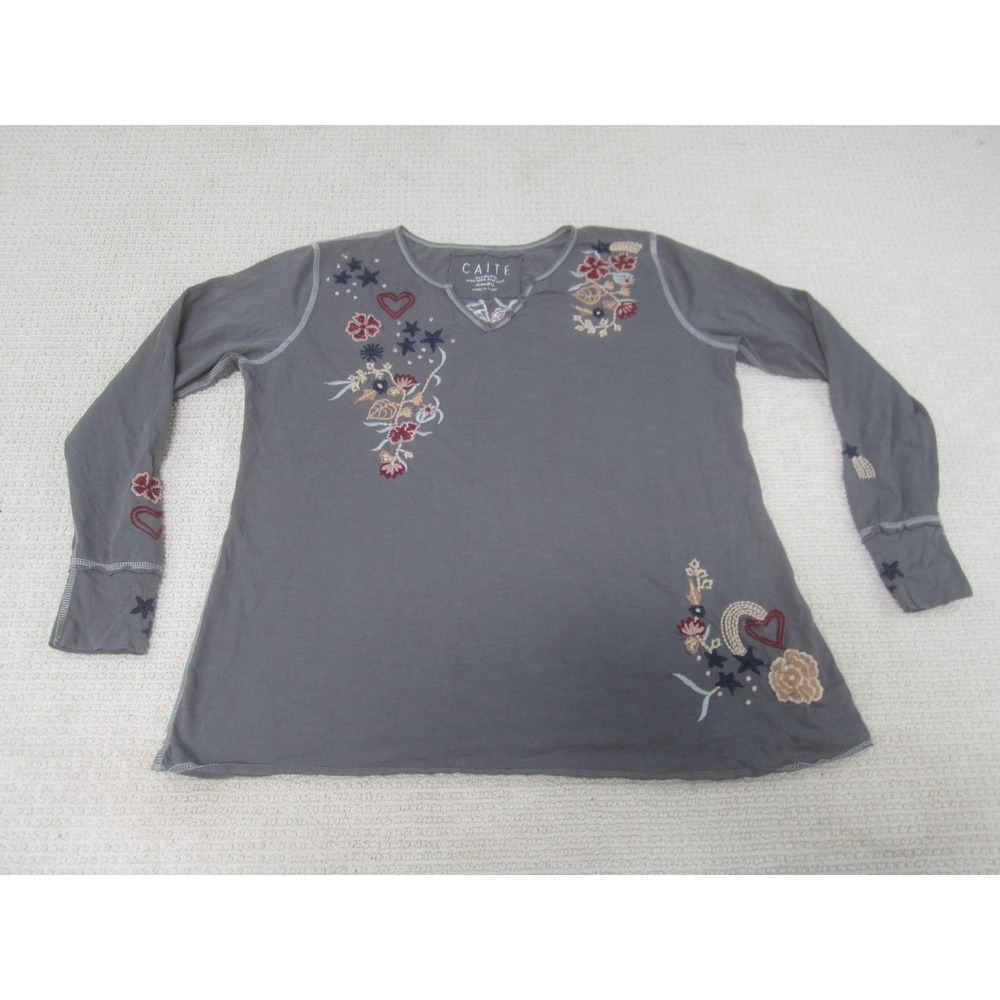 Caite Shirt‎ Womens Small Gray Embroidered Floral Long Sleeve Boho Artsy Top